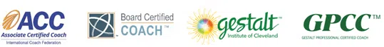 Coaching certification logos: Associate Certified Coach (International Coaching Federation), Board Certified Coach, Gestalt Institute of Cleveland, and Global Professional Certified Coach.