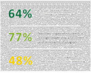 EMEA survey responses: 64% are not hesitant to recruit candidates without direct industry experience, 77% feel their organisation needs a stronger leadership assessment and development program, and 48% do not feel their leadership succession planning is sufficient.