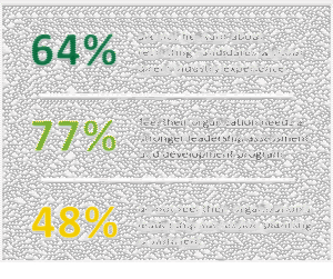 Global survey responses: 64% are not hesitant to recruit candidates without direct industry experience, 77% feel their organization needs a stronger leadership assessment and development program, and 48% do not feel their leadership succession planning is sufficient.