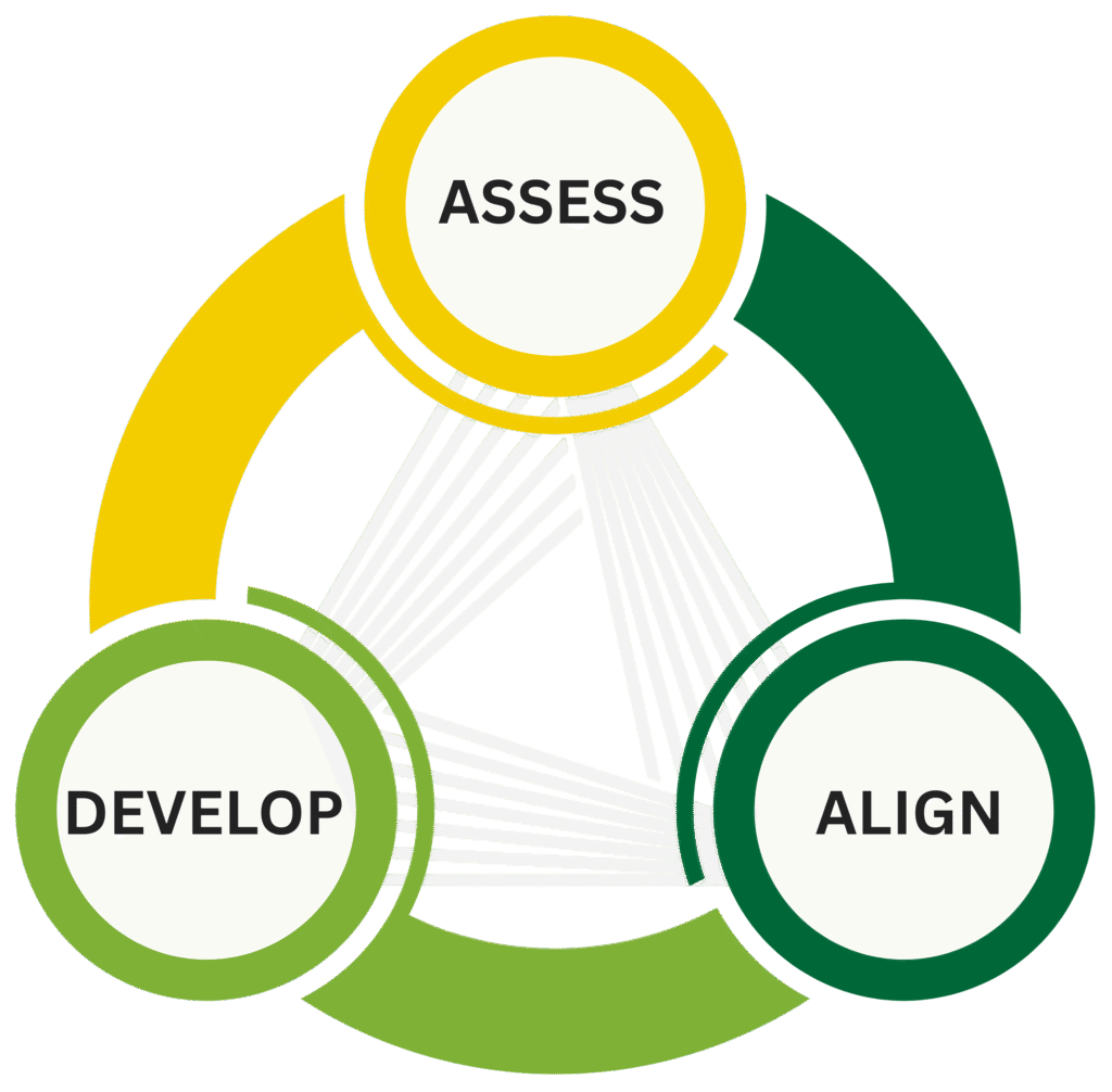 A three-part cycle of a living strategic system: assess, develop, and align.