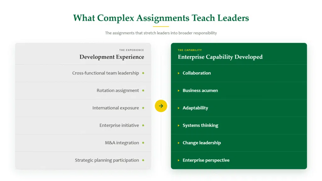 Two-column comparison chart titled "What Complex Assignments Teach Leaders," with the subtitle "The assignments that stretch leaders into broader responsibility." A rightward arrow shows progression from the left column, "Development Experience," to the right column, "Enterprise Capability Developed." Six paired rows: Cross-functional team leadership → Collaboration; Rotation assignment → Business acumen; International exposure → Adaptability; Enterprise initiative → Systems thinking; M&A integration → Change leadership; Strategic planning participation → Enterprise perspective.